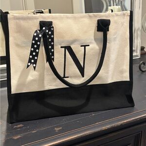 Black & Cream Monogram “N” Canvas Tote with Shoulder Strap
